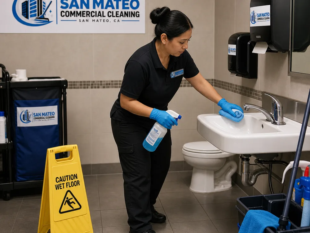 Cleaner disinfecting fixtures and mopping a commercial restroom