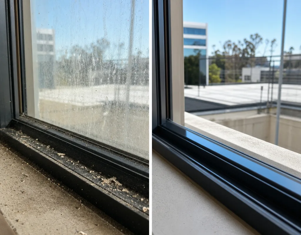 Window glass with construction haze and track debris compared with clear glass and detailed tracks and sills