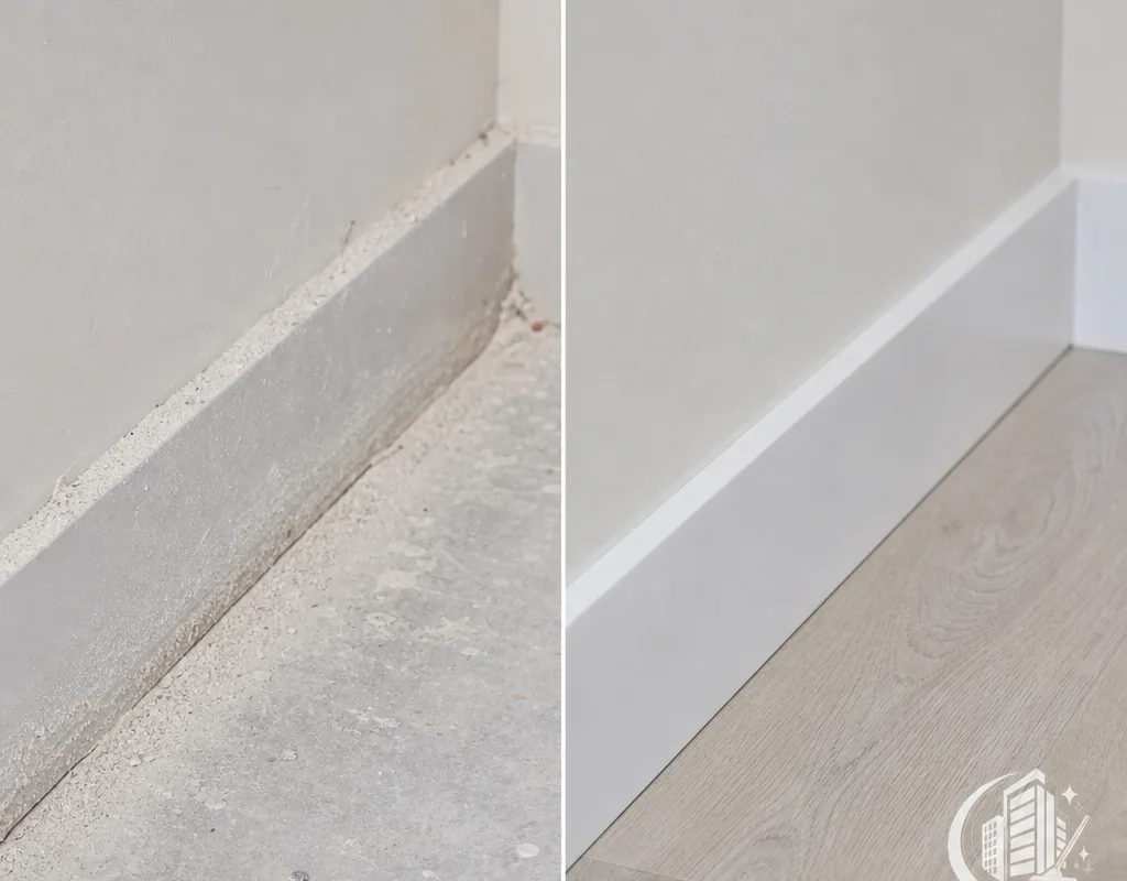 Dusty baseboards and floor edges after drywall sanding compared with the same area cleaned with crisp edges and no visible dust lines