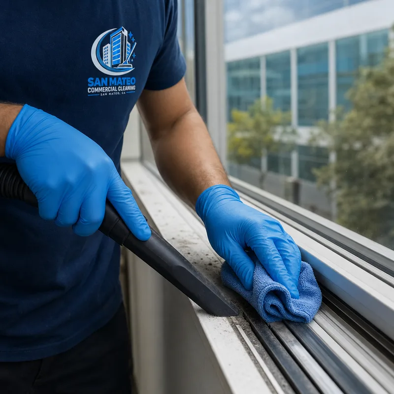 Technician removing construction dust from a window track and sill with a vacuum crevice tool and microfiber cloth
