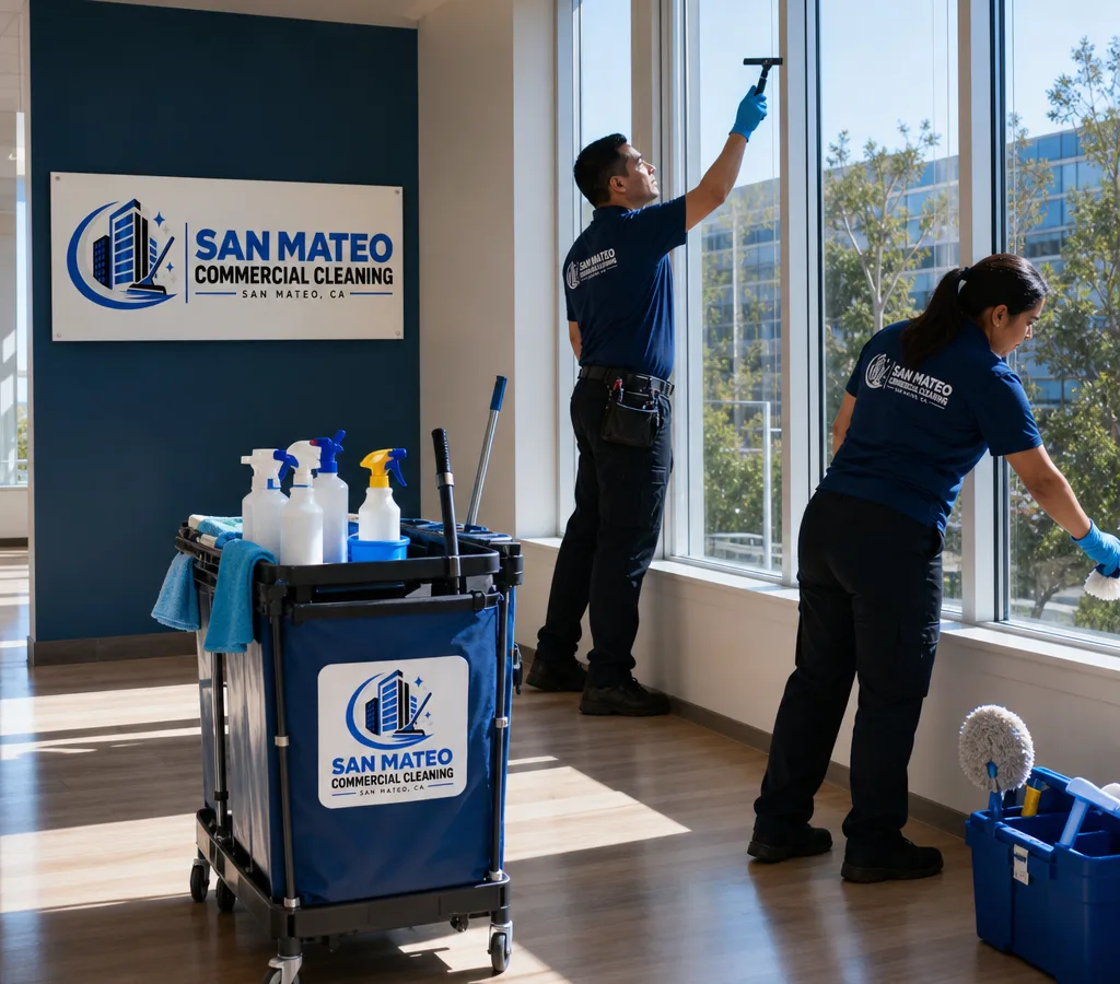 Newly renovated San Mateo interior being prepared for turnover with clean floors, dust-free baseboards, bright windows, and neatly staged cleaning tools