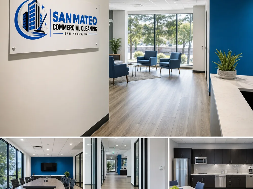 Finished commercial office suite after buildout with clean hard floors, dust-free trim, and spotless breakroom counters ready for occupancy