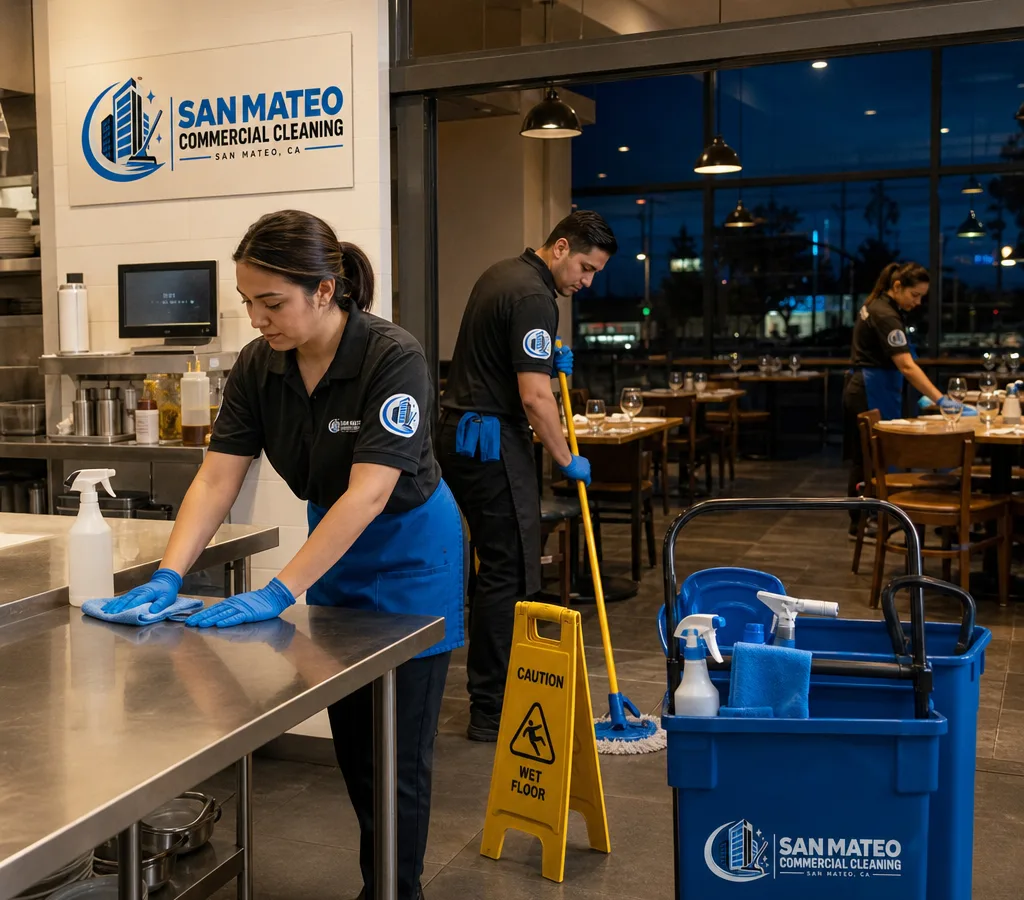 Evening commercial cleaning crew wiping restaurant prep tables and sweeping a clean dining area with separated food-safe and floor tools