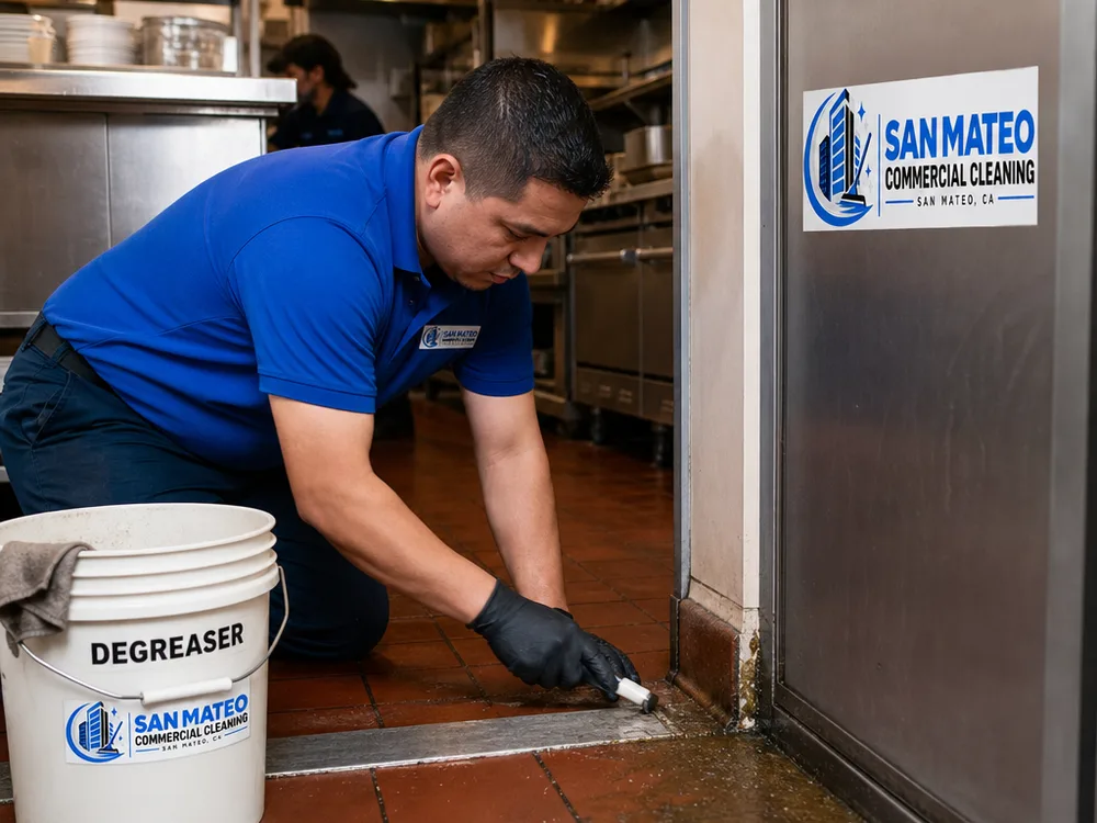 Cleaner detailing a restaurant kitchen threshold with a hand tool and labeled degreaser bucket