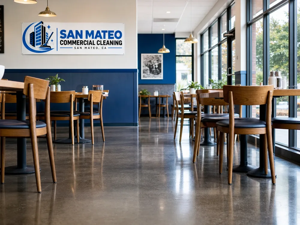 Evenly mopped restaurant dining room floor with clean corners and reset chairs
