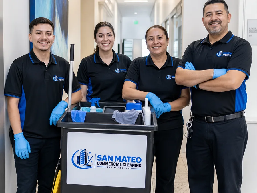 Uniformed commercial cleaning team standing with a labeled cleaning cart in a professional hallway