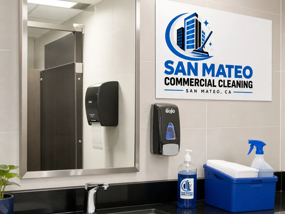 Sanitized commercial restroom sink with polished mirror, clean fixtures, and stocked dispensers
